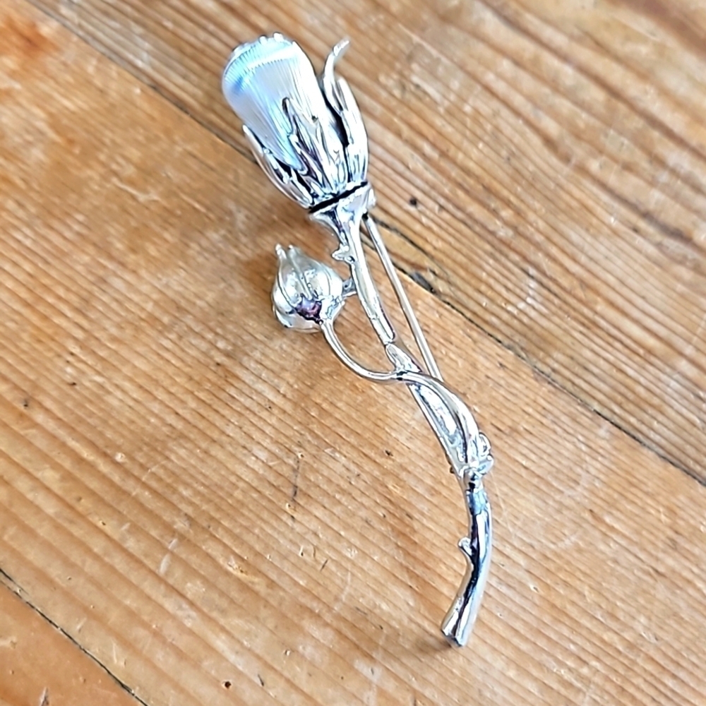 Vintage Silvertone Rose Brooch Pin